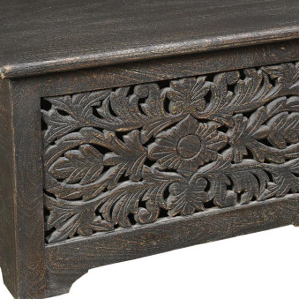 Black Distressed Solid Wood Carved Floral Storage Ottoman - 52-inch