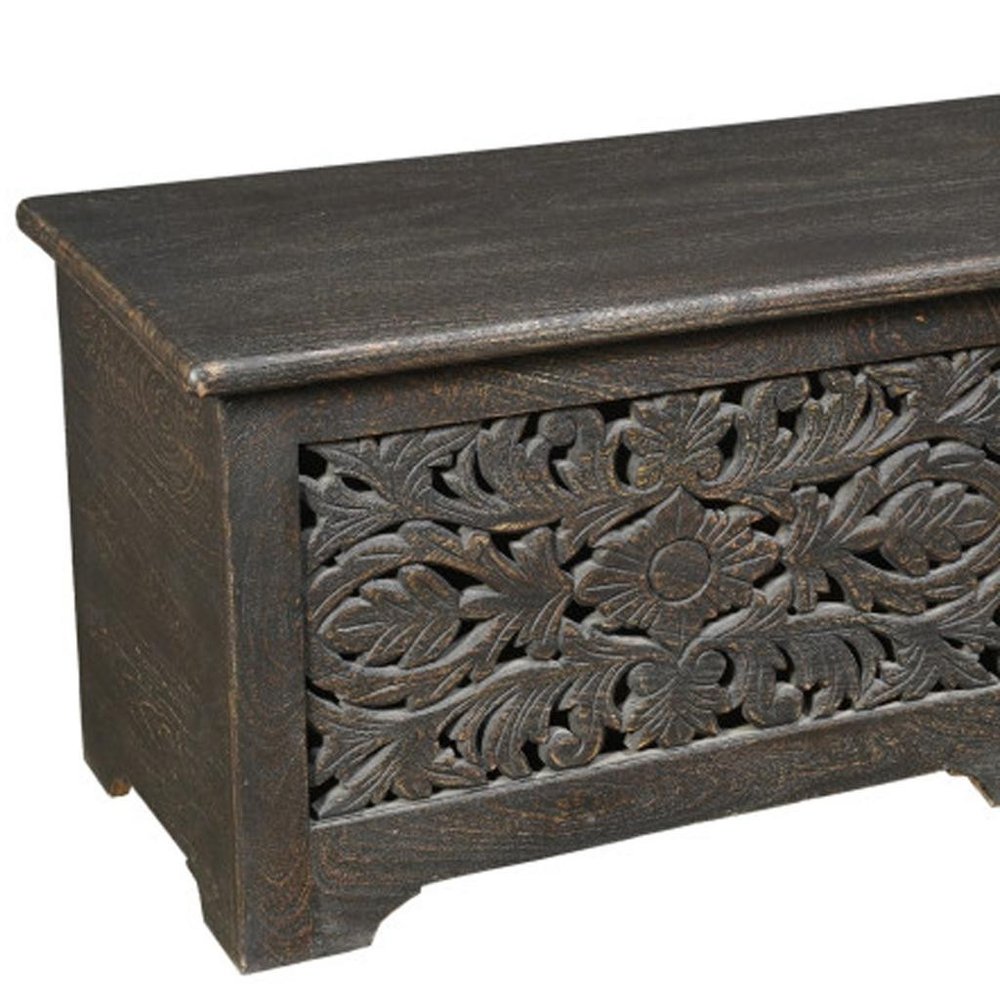 Black Distressed Solid Wood Carved Floral Storage Ottoman - 52-inch