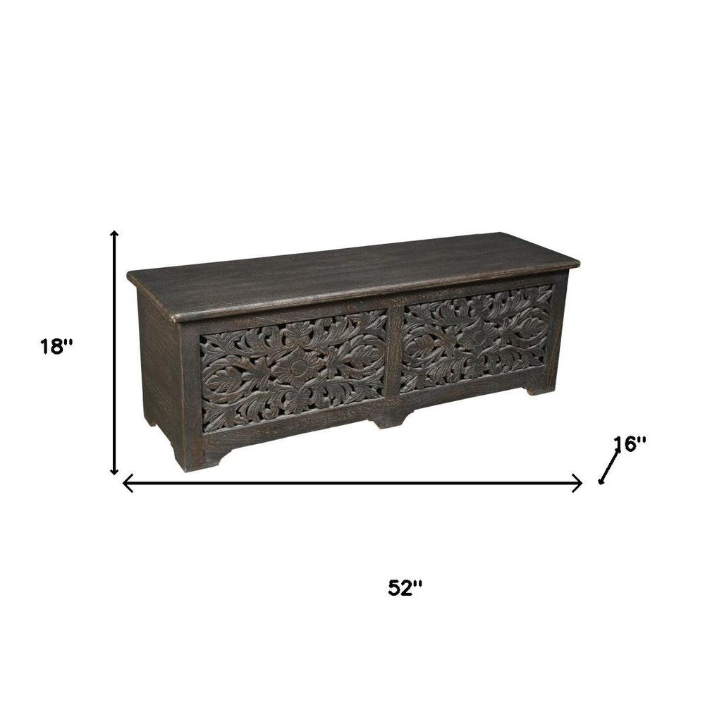 Black Distressed Solid Wood Carved Floral Storage Ottoman - 52-inch