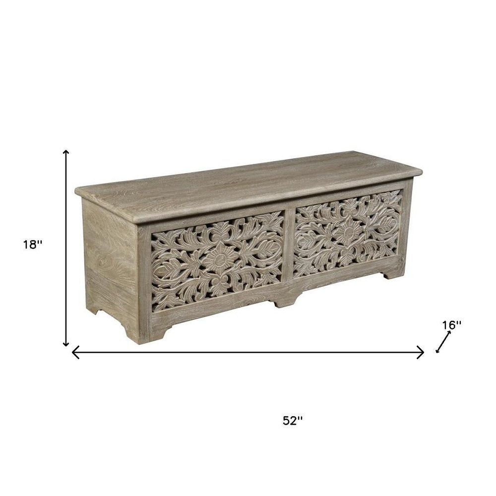 Gray Distressed Solid Wood Carved Floral Storage Ottoman - 52-inch