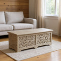 Gray Distressed Solid Wood Carved Floral Storage Ottoman - 52-inch
