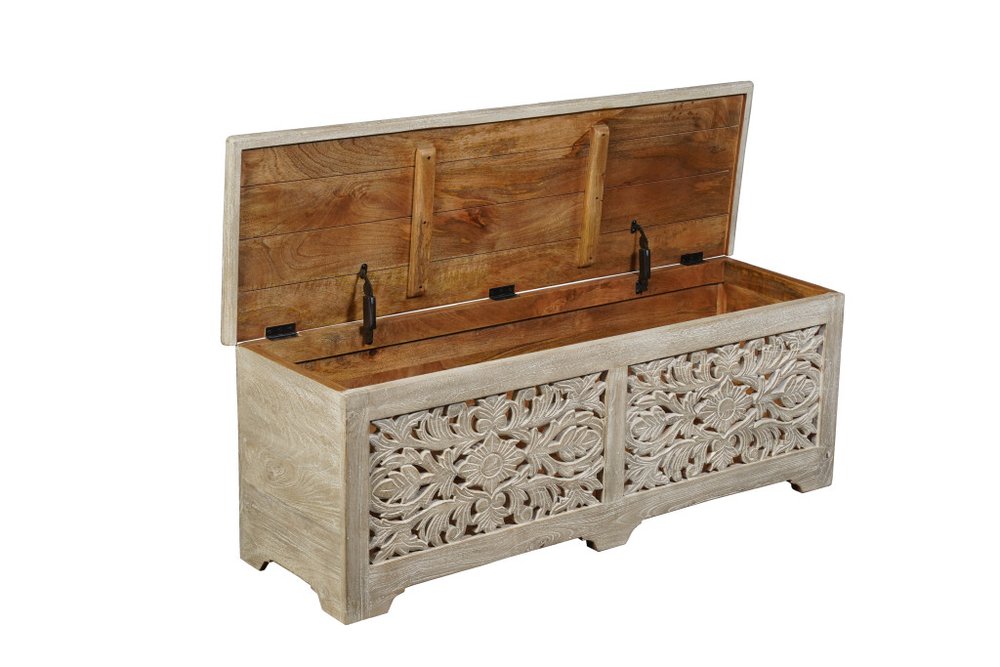 Gray Distressed Solid Wood Carved Floral Storage Ottoman - 52-inch
