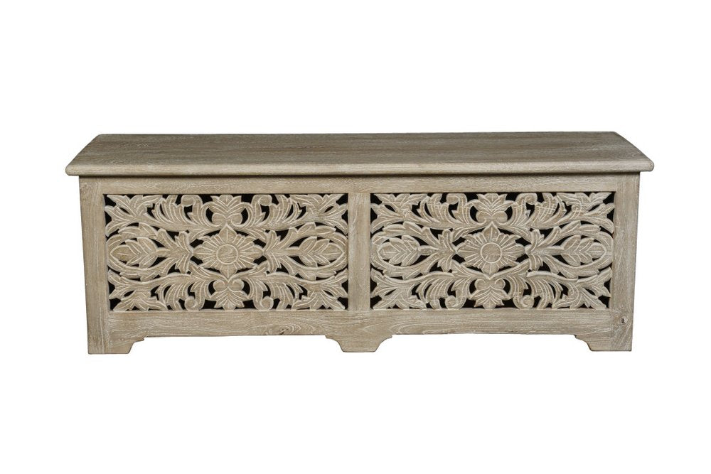 Gray Distressed Solid Wood Carved Floral Storage Ottoman - 52-inch