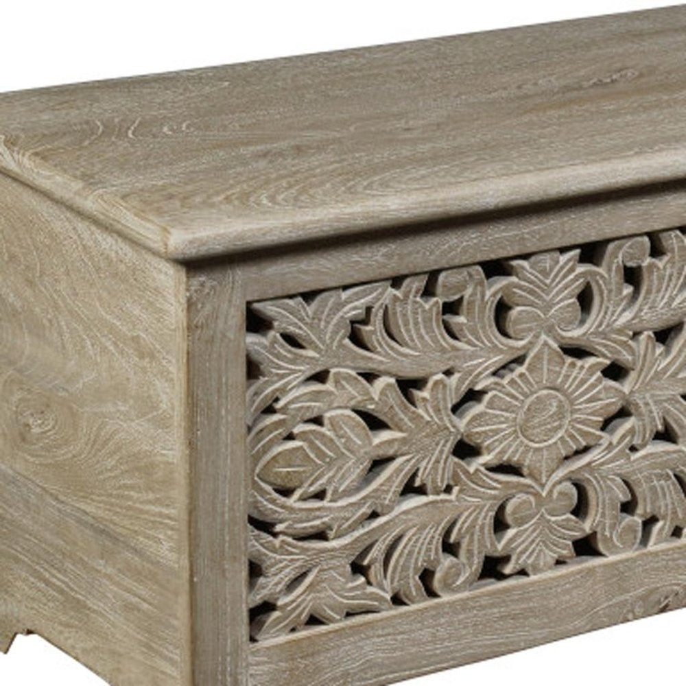 Gray Distressed Solid Wood Carved Floral Storage Ottoman - 52-inch