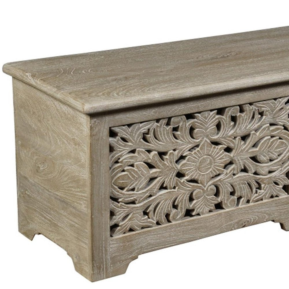 Gray Distressed Solid Wood Carved Floral Storage Ottoman - 52-inch
