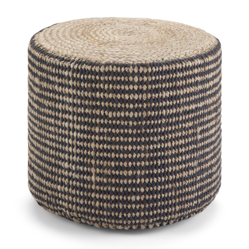 Black and Natural Jute Round Pouf Ottoman - 18-inch