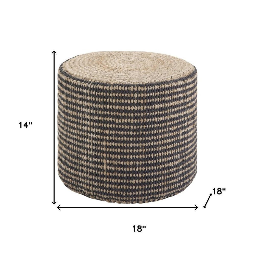 Black and Natural Jute Round Pouf Ottoman - 18-inch
