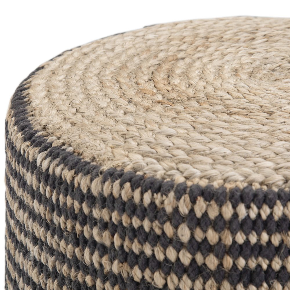 Black and Natural Jute Round Pouf Ottoman - 18-inch