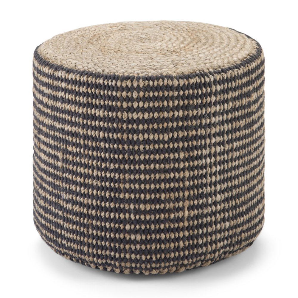 Black and Natural Jute Round Pouf Ottoman - 18-inch