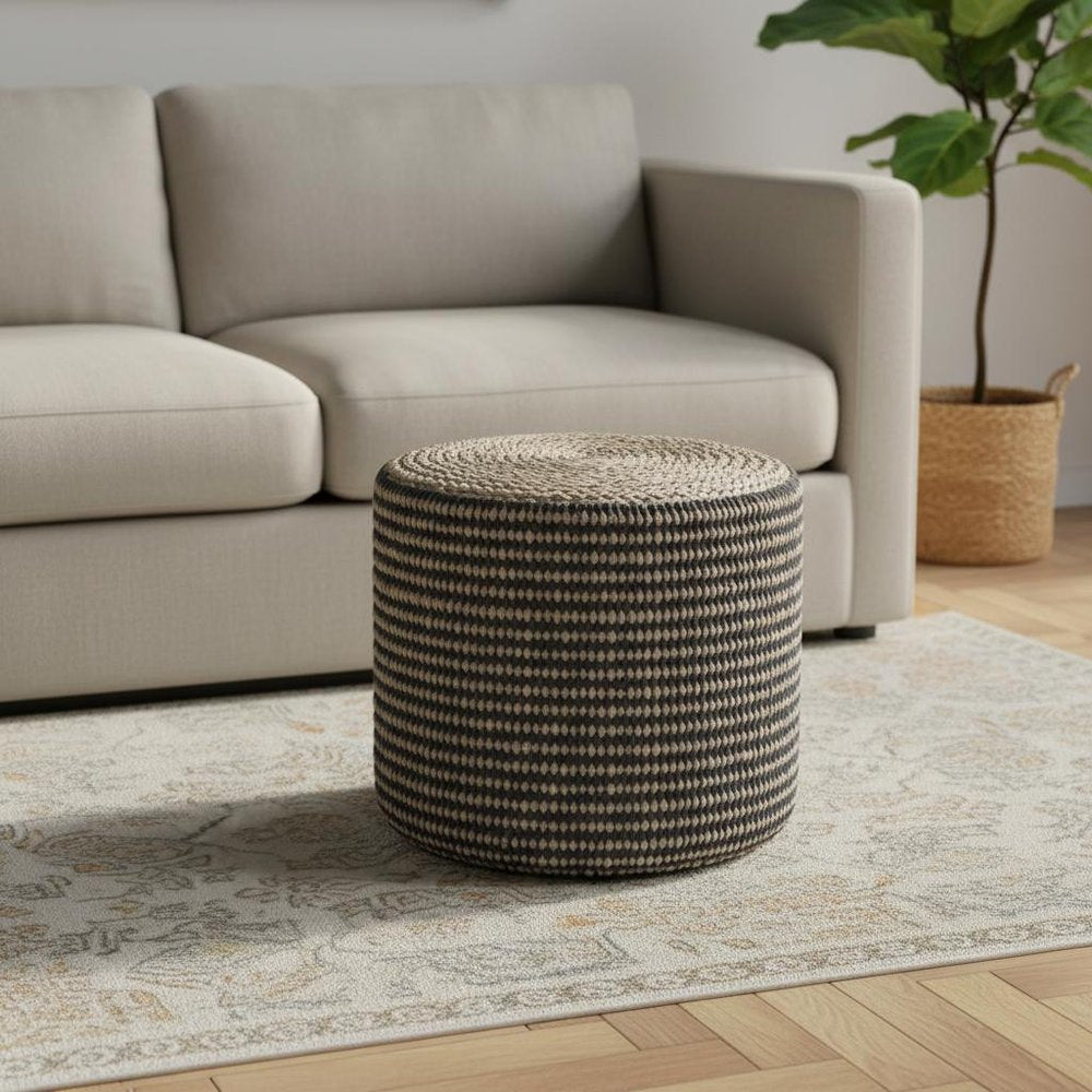 Black and Natural Jute Round Pouf Ottoman - 18-inch