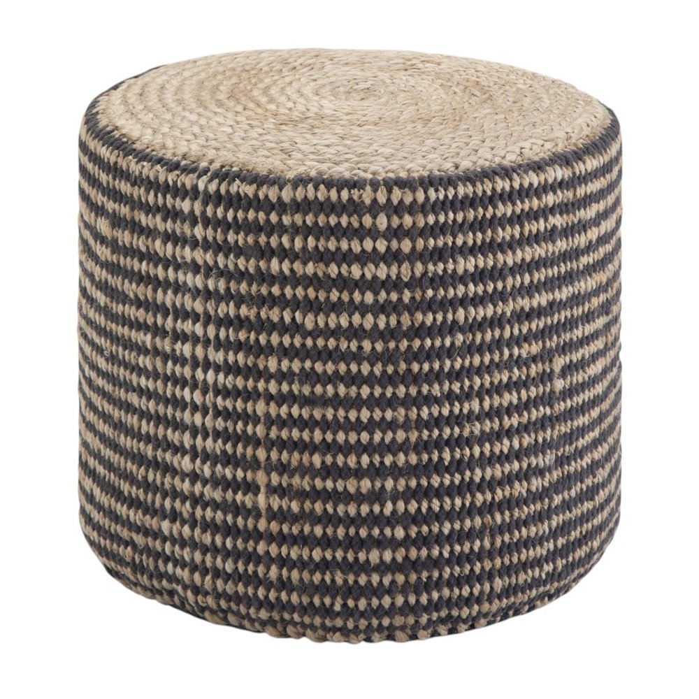 Black and Natural Jute Round Pouf Ottoman - 18-inch