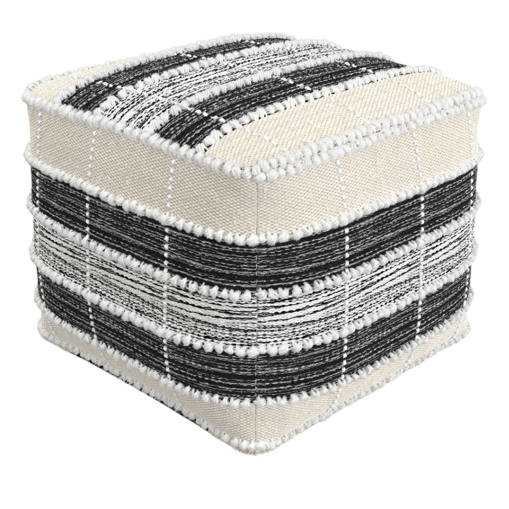 Beige Black and White Upholstery Striped Pouf Ottoman - 18-inch