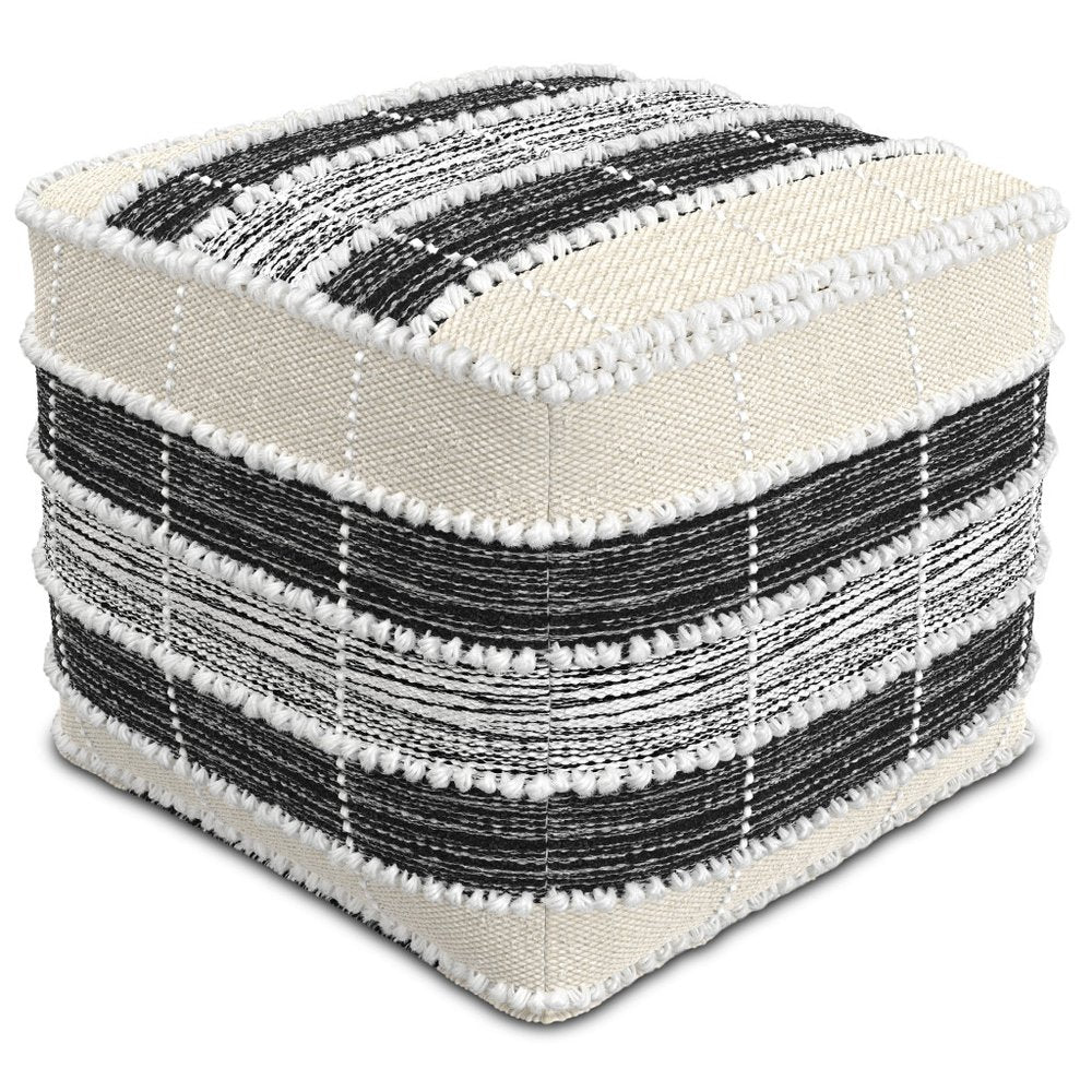 Beige Black and White Upholstery Striped Pouf Ottoman - 18-inch