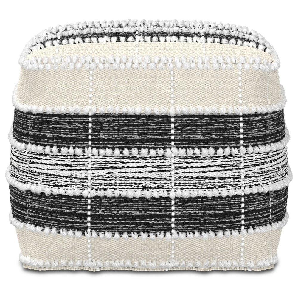 Beige Black and White Upholstery Striped Pouf Ottoman - 18-inch