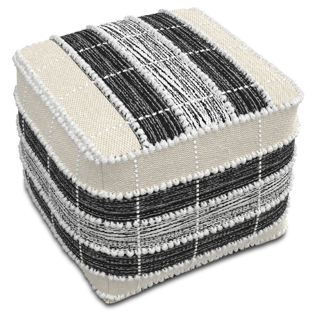 Beige Black and White Upholstery Striped Pouf Ottoman - 18-inch
