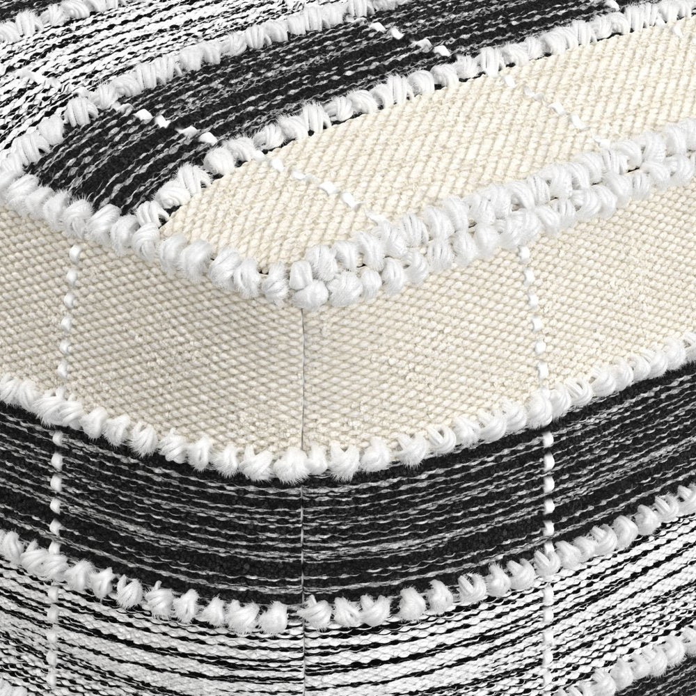 Beige Black and White Upholstery Striped Pouf Ottoman - 18-inch