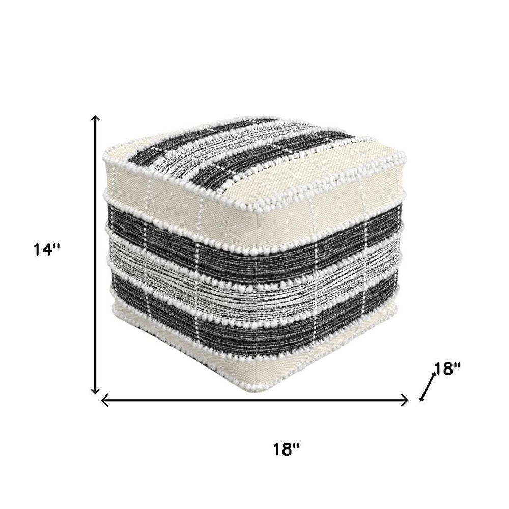 Beige Black and White Upholstery Striped Pouf Ottoman - 18-inch