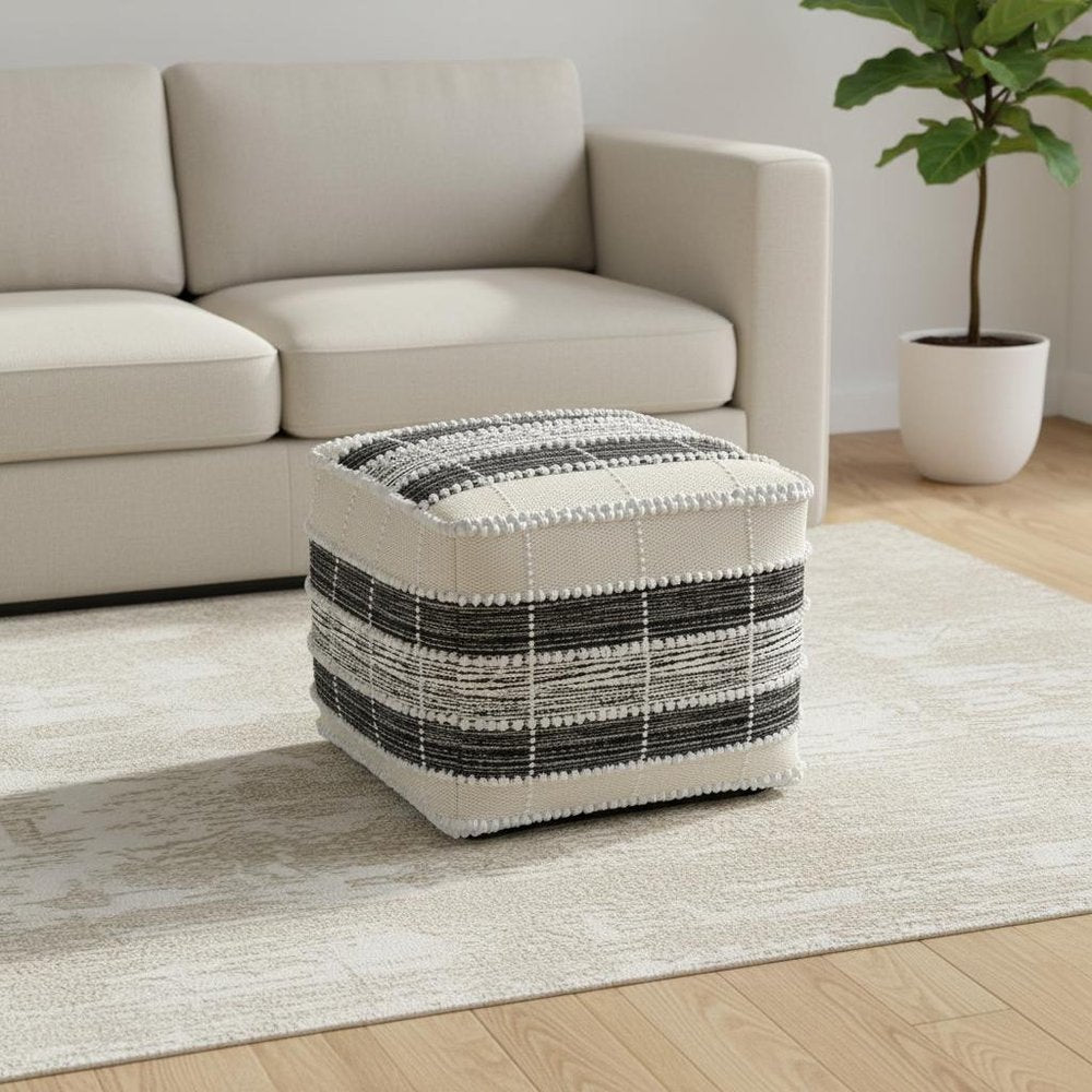 Beige Black and White Upholstery Striped Pouf Ottoman - 18-inch