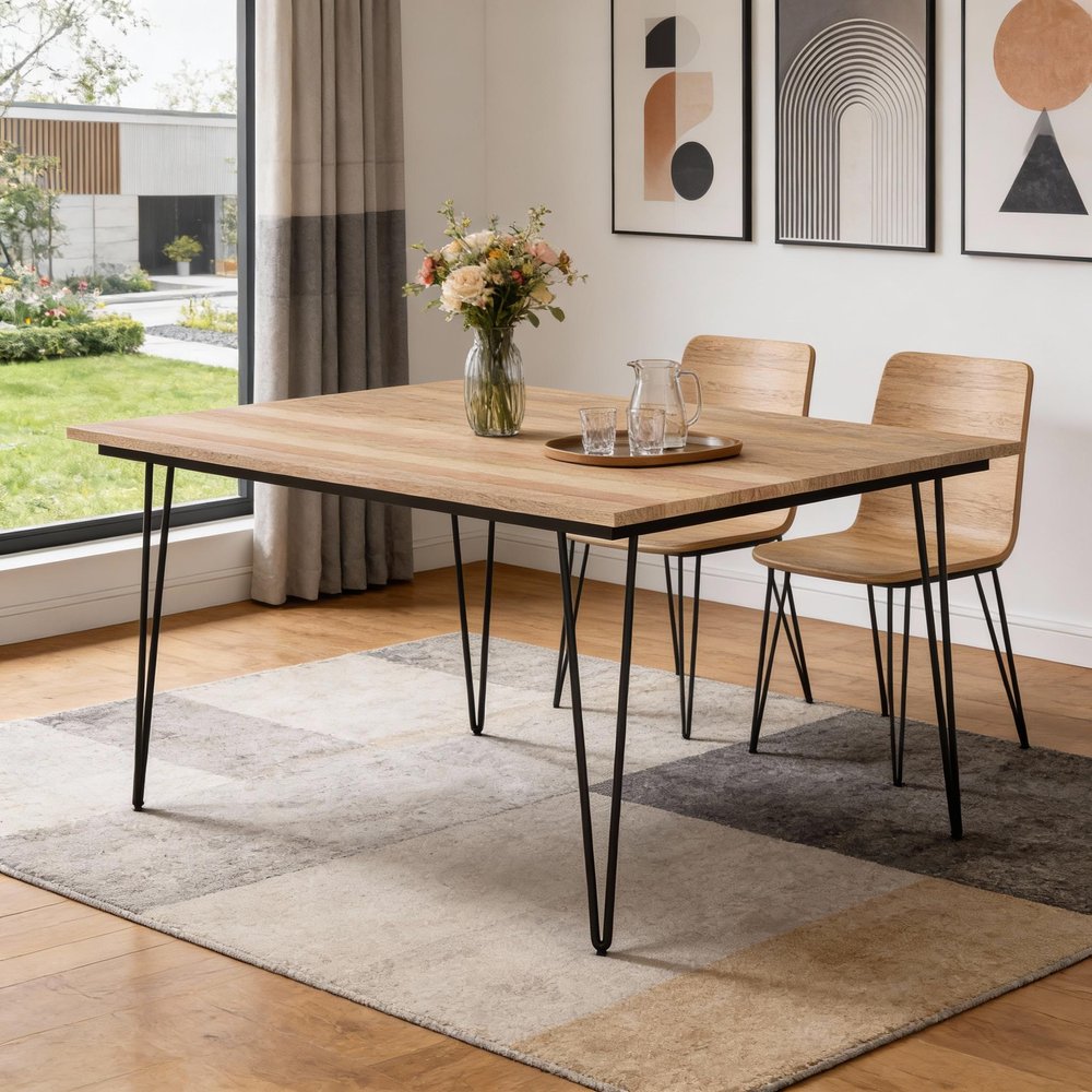 Natural and Black Solid Wood and Steel Square Dining Table - 54-inch