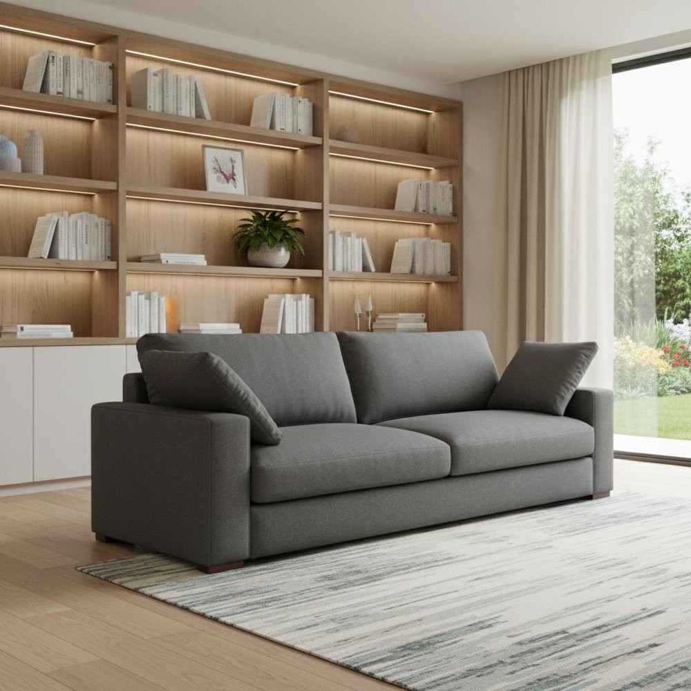 Gray Fabric Sofa with Brown Legs - 96-inch