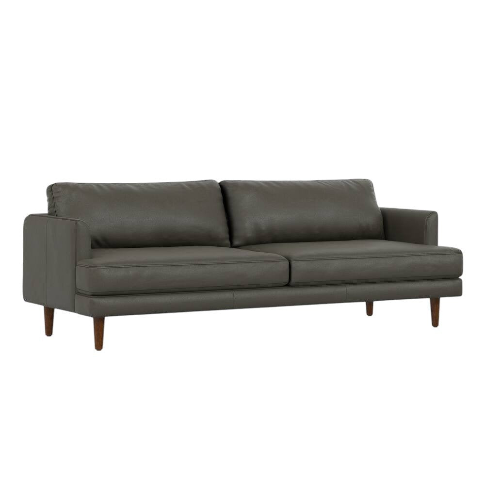 Black Leather Sofa with Brown Legs - 76-inch
