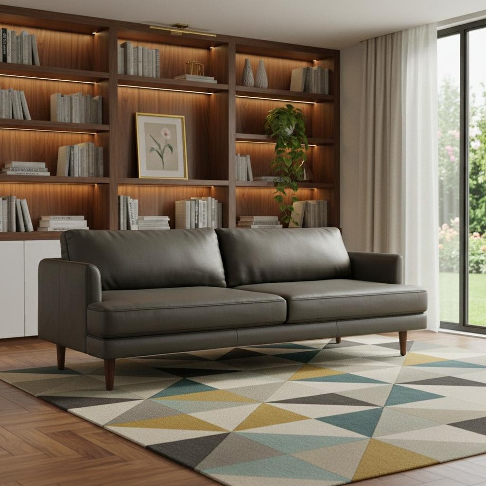Black Leather Sofa with Brown Legs - 76-inch