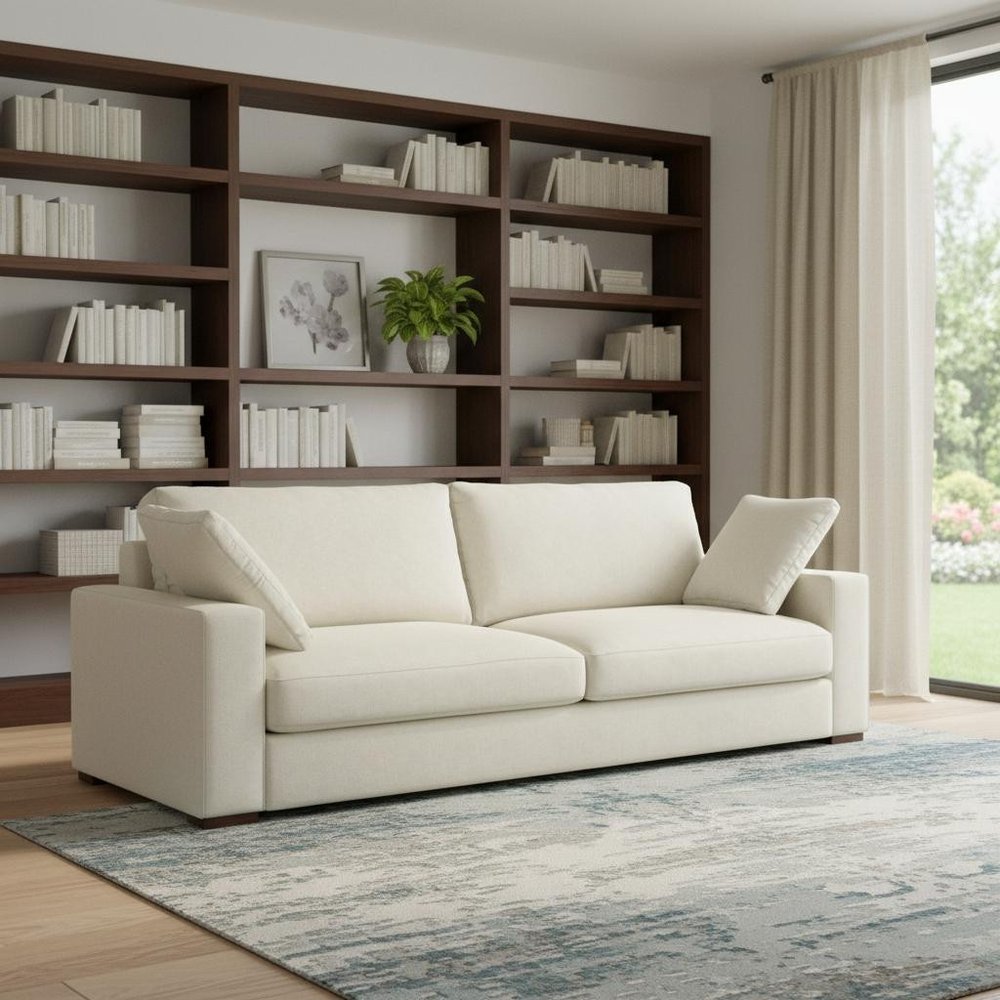 Cream Fabric Sofa with Brown Legs - 96-inch