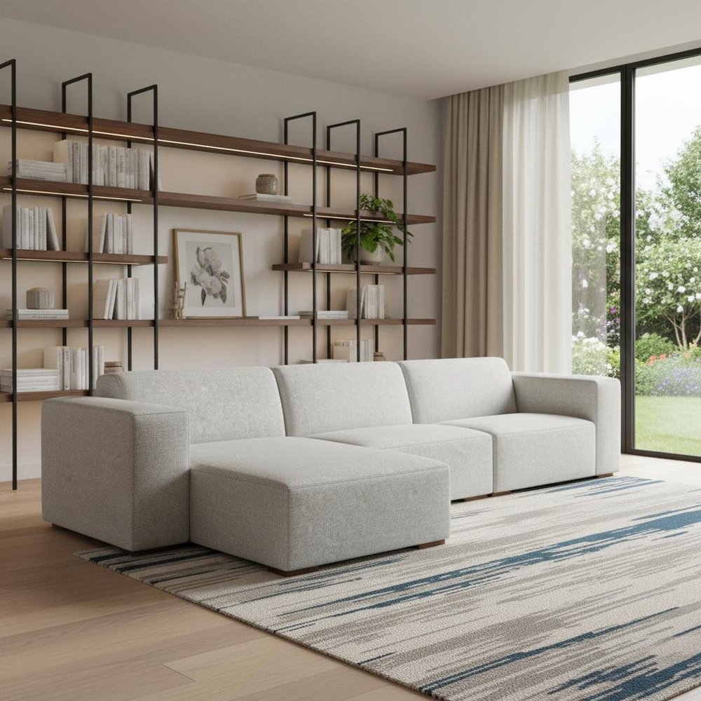 Gray Fabric Modular Sofa with Brown Legs - 122-inch