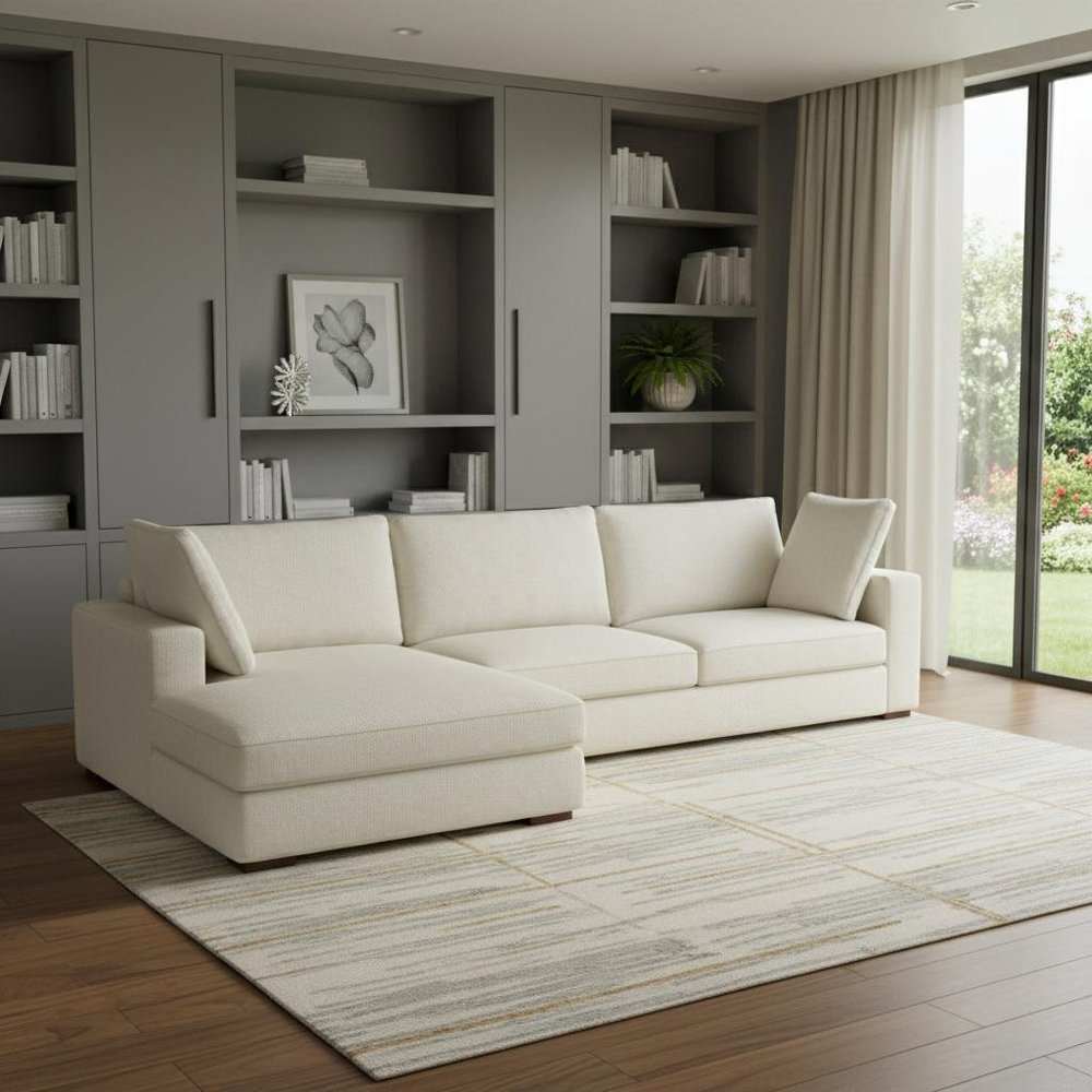 Cream Fabric Sofa with Brown Legs - 122-inch