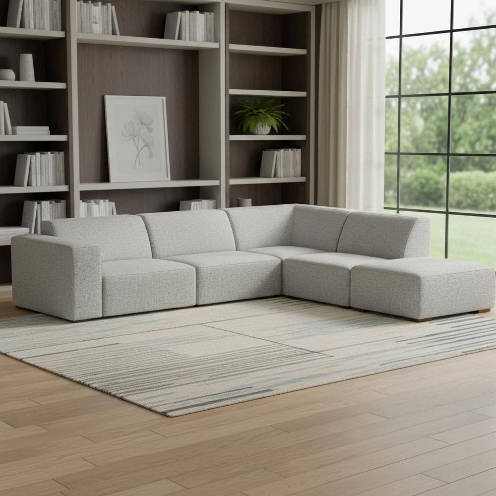 Gray Fabric Sofa with Ottoman with Brown Legs - 116-inch