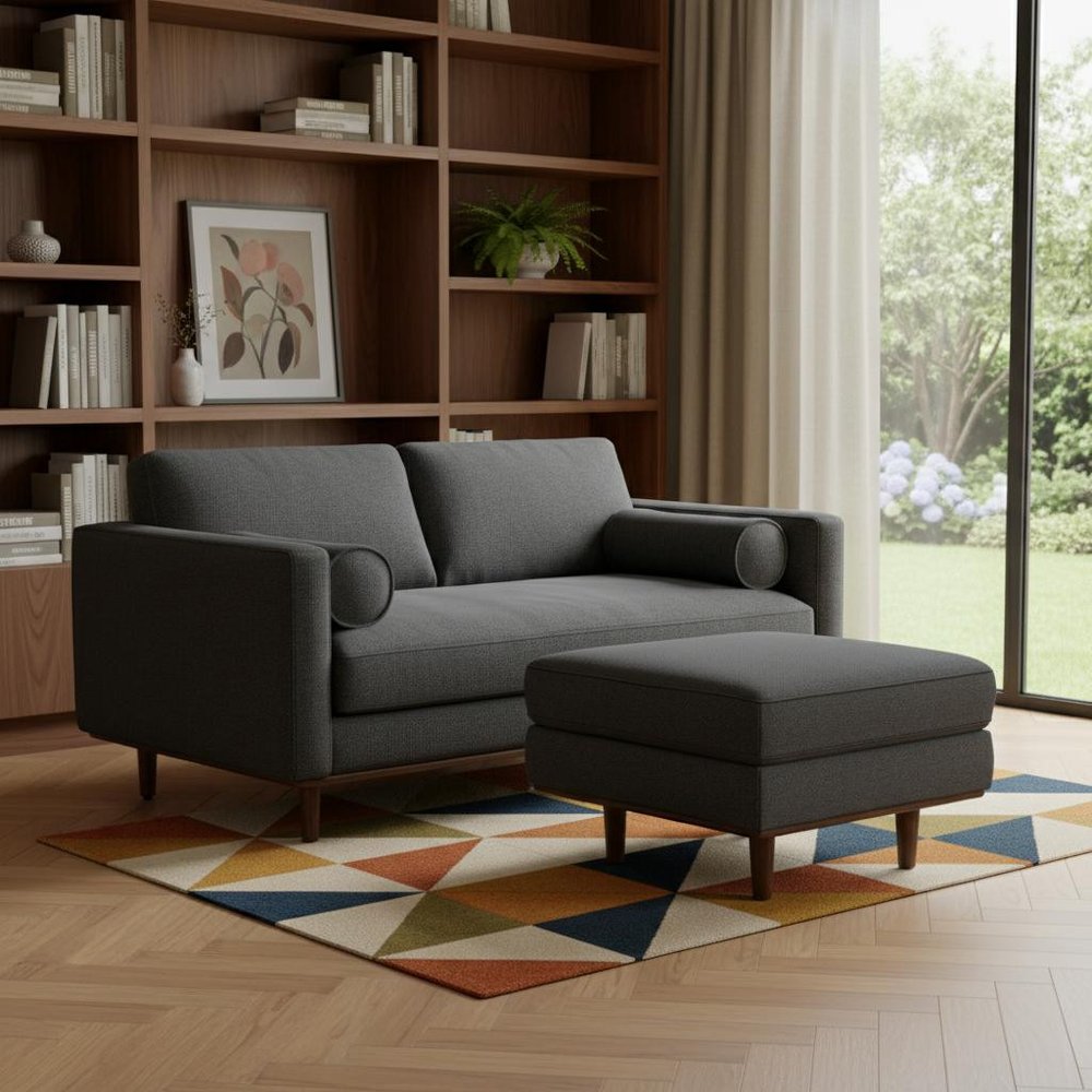 Gray Fabric Sofa with Ottoman with Brown Legs - 72-inch