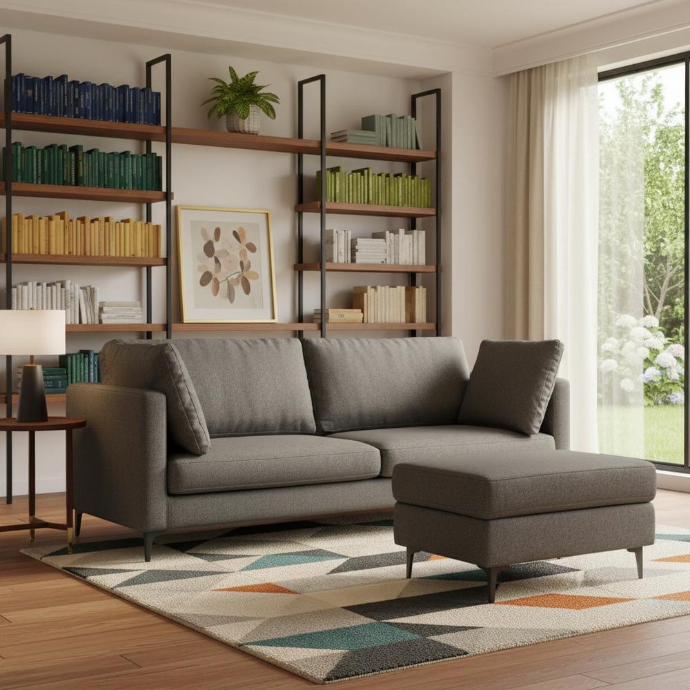 Gray Fabric Sofa with Ottoman with Black Legs - 90-inch
