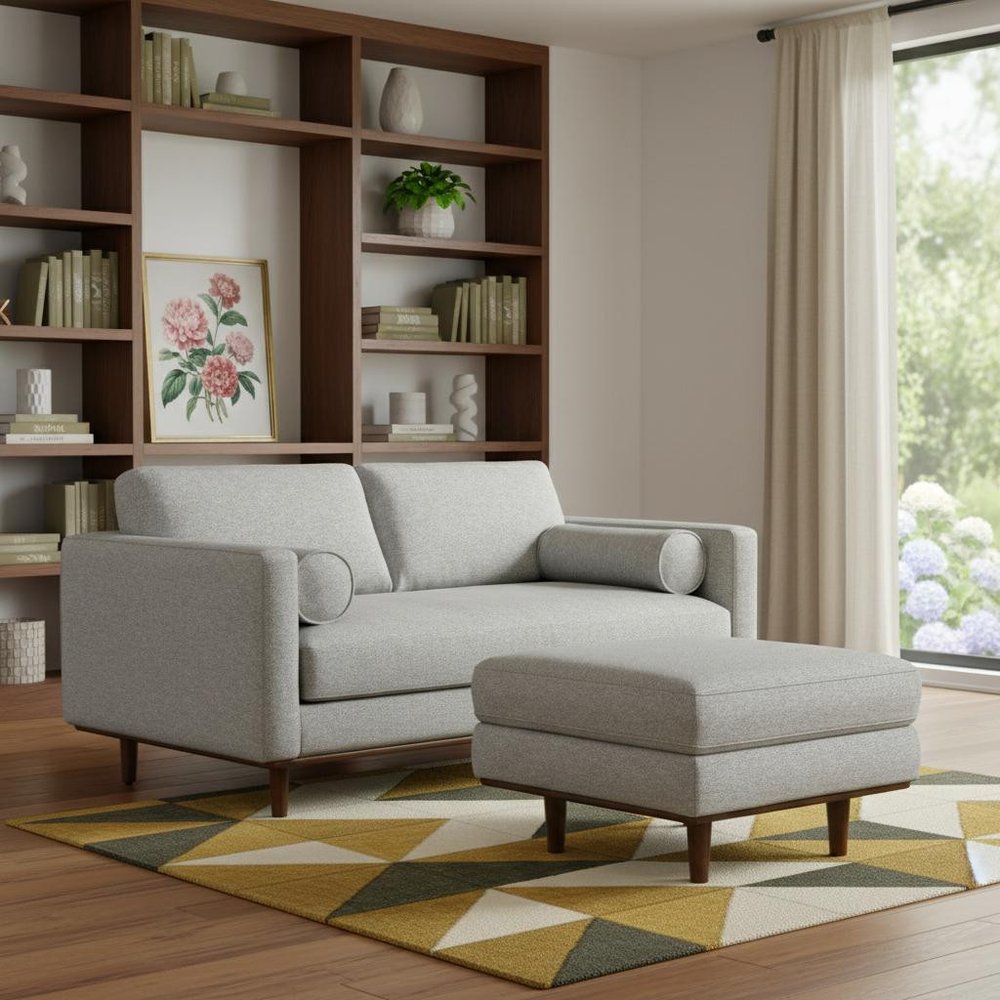 Gray Fabric Sofa with Ottoman with Brown Legs - 72-inch