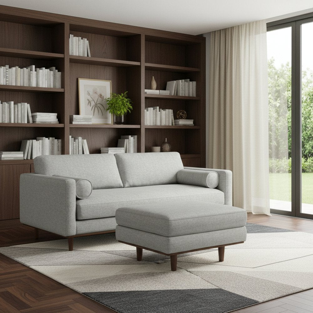 Gray Fabric Sofa with Ottoman with Brown Legs - 89-inch