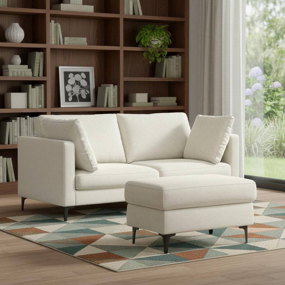 Cream Fabric Sofa with Ottoman with Black Legs - 76-inch