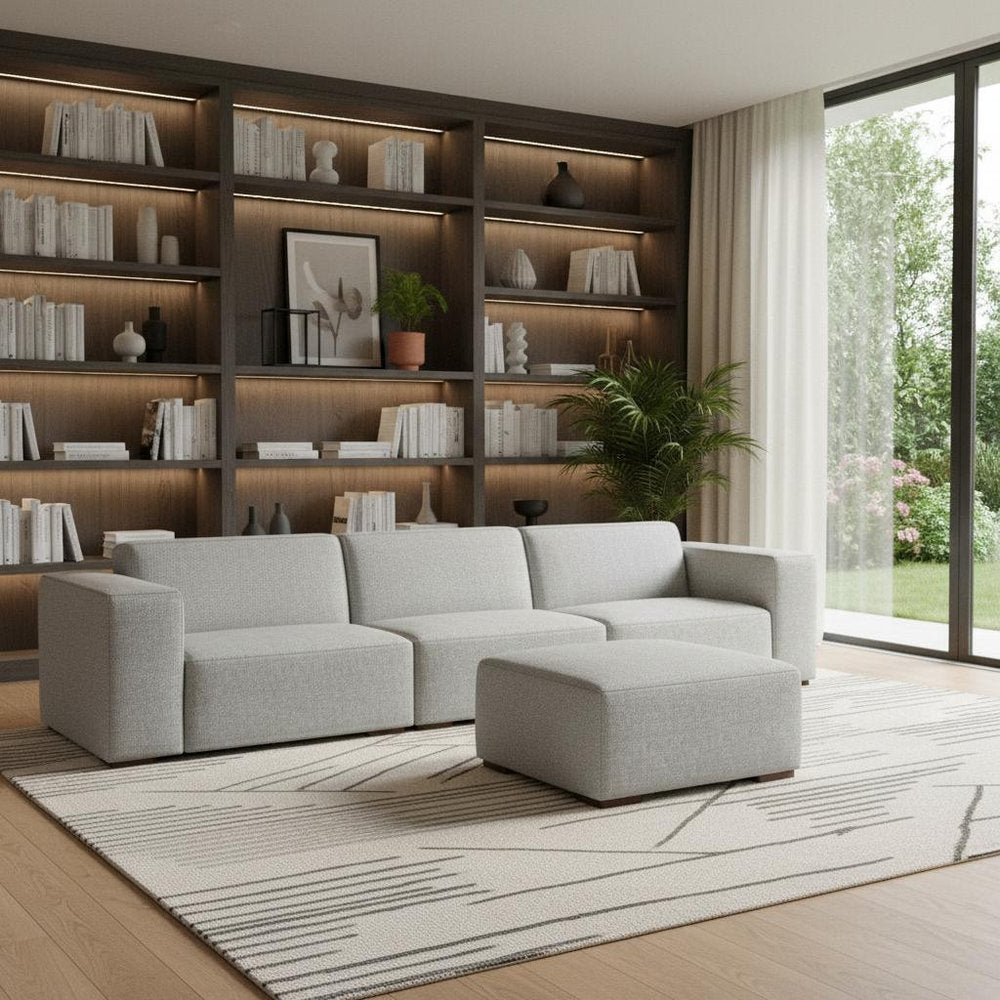Gray Fabric Sofa with Ottoman with Brown Legs - 122-inch