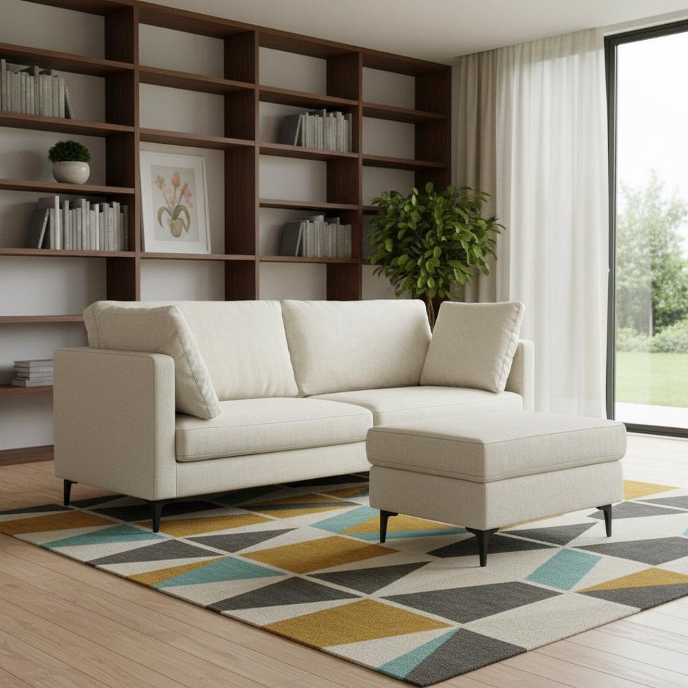 Cream Fabric Sofa with Ottoman with Black Legs - 90-inch