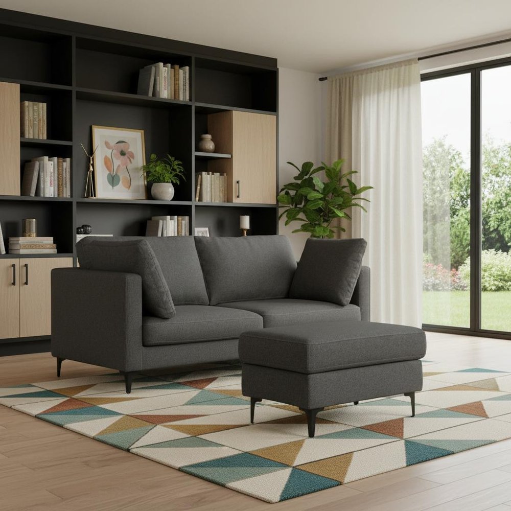 Gray Fabric Sofa with Ottoman with Black Legs - 76-inch