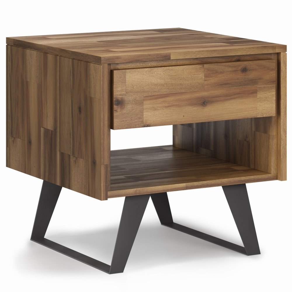 Natural and Black Distressed Solid Wood and Iron Square Sled End Table with Drawer and Shelf