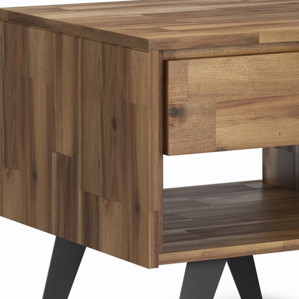 Natural and Black Distressed Solid Wood and Iron Square Sled End Table with Drawer and Shelf