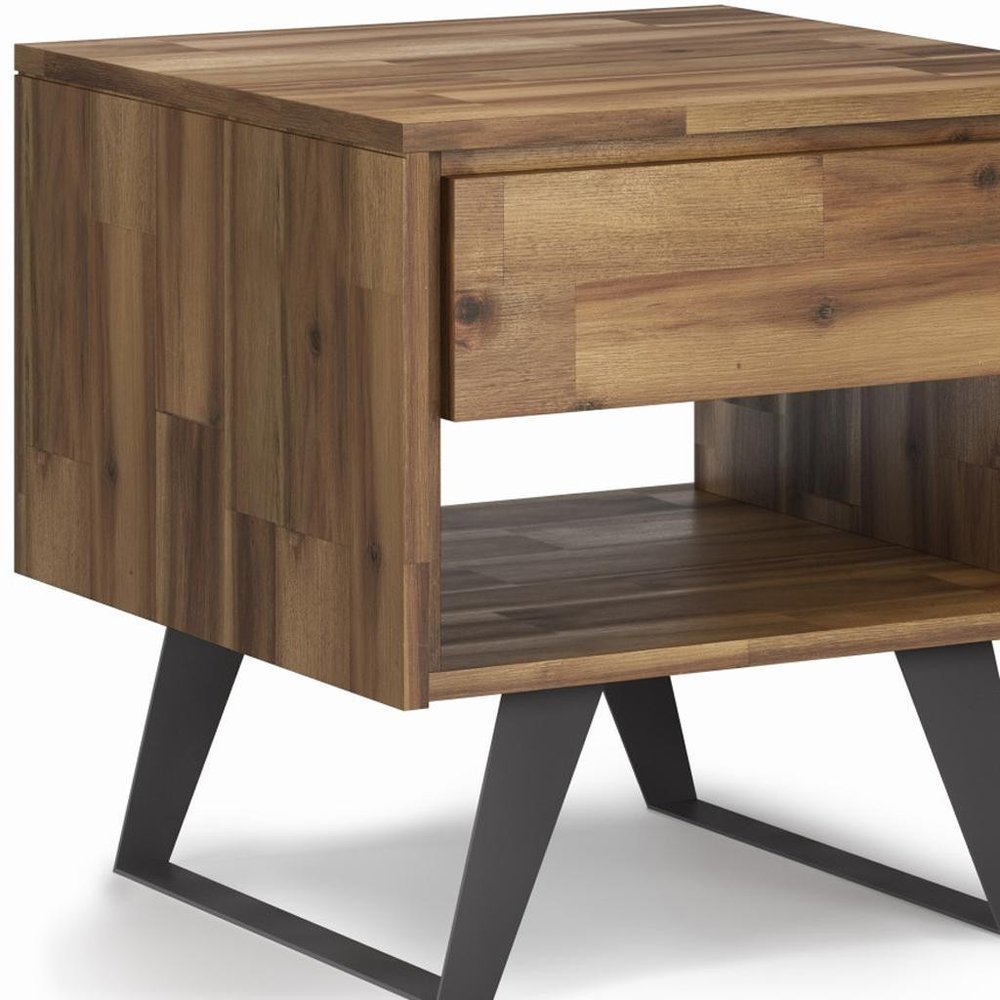 Natural and Black Distressed Solid Wood and Iron Square Sled End Table with Drawer and Shelf