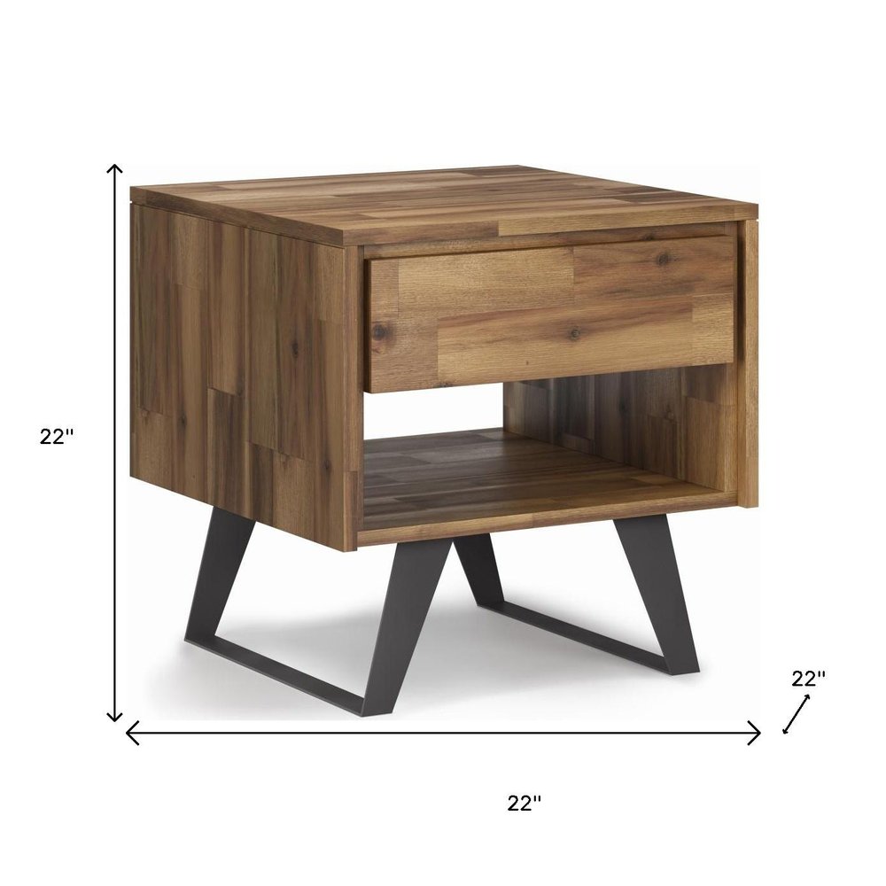 Natural and Black Distressed Solid Wood and Iron Square Sled End Table with Drawer and Shelf