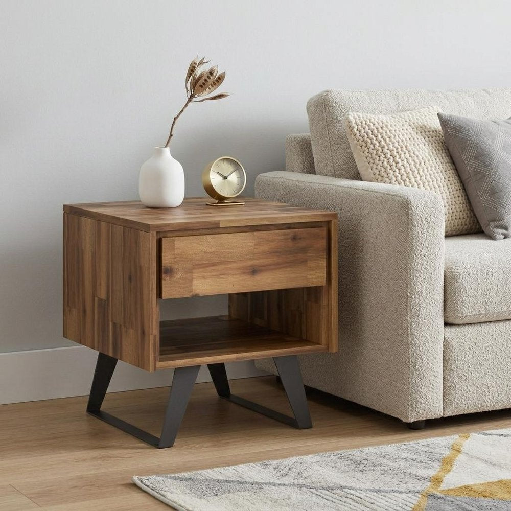 Natural and Black Distressed Solid Wood and Iron Square Sled End Table with Drawer and Shelf