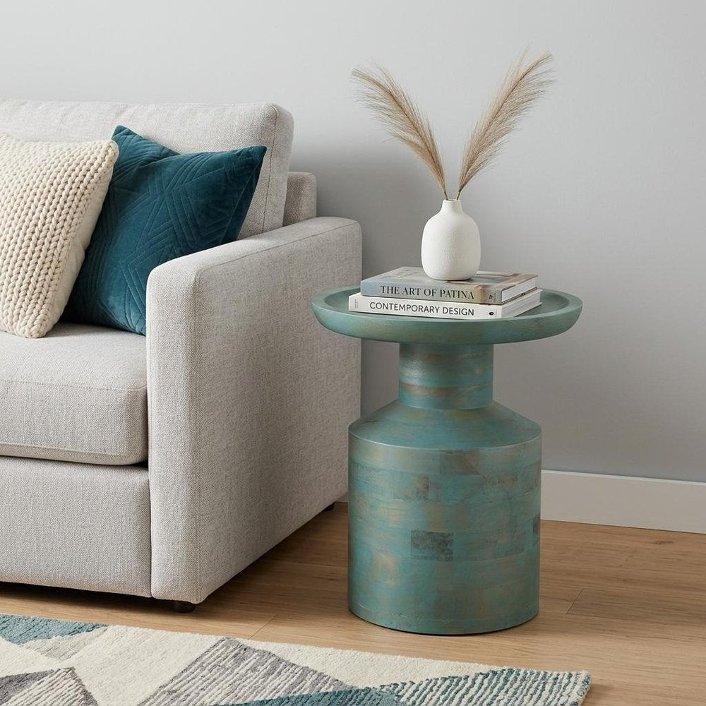 Teal Blue Solid Wood Round Pedestal End Table - 18-inch