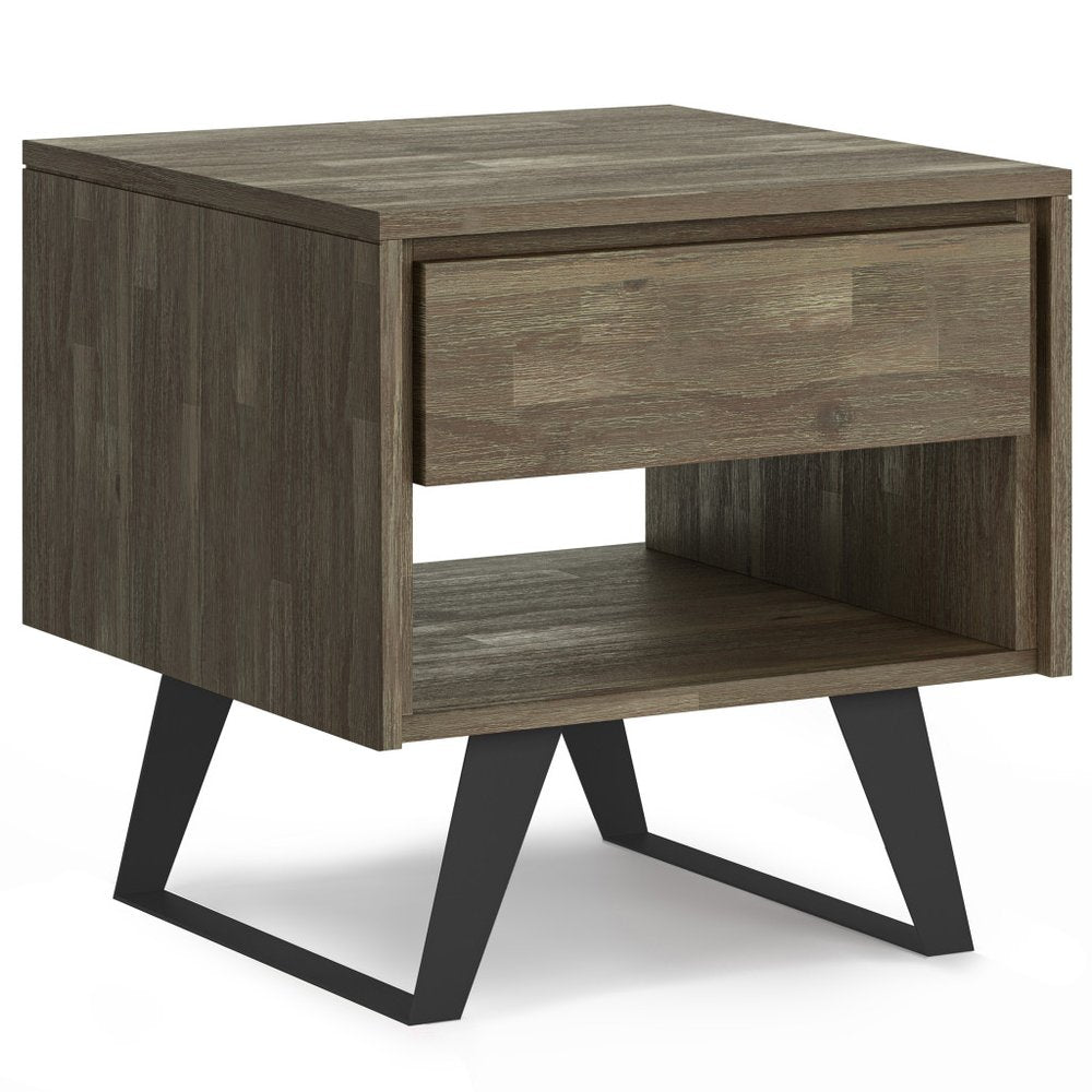 Gray Distressed Solid Wood and Iron Square Sled End Table with Drawer and Shelf
