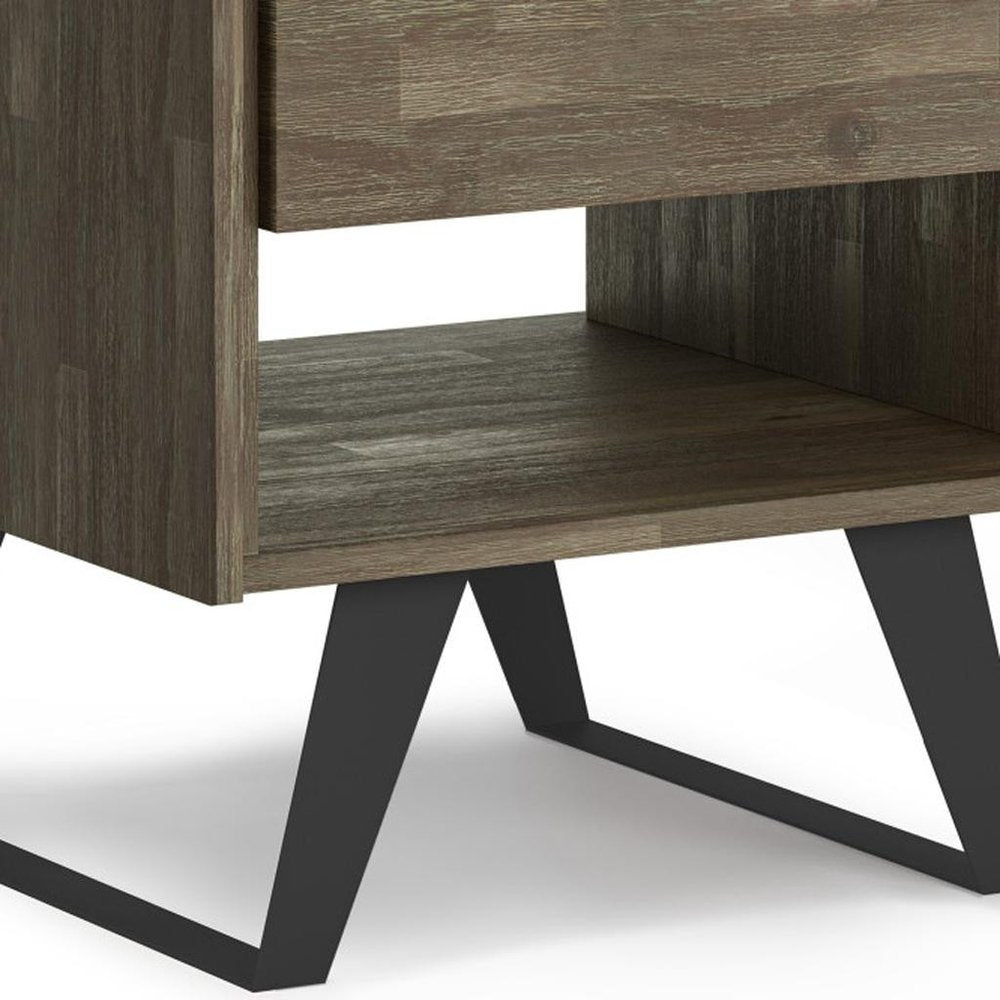 Gray Distressed Solid Wood and Iron Square Sled End Table with Drawer and Shelf