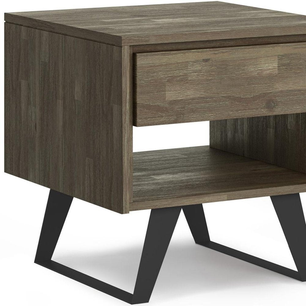 Gray Distressed Solid Wood and Iron Square Sled End Table with Drawer and Shelf