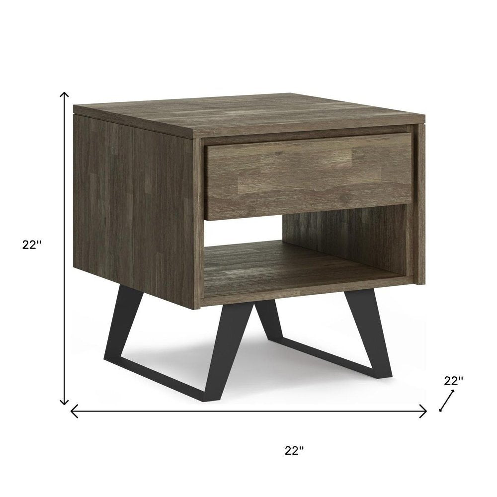 Gray Distressed Solid Wood and Iron Square Sled End Table with Drawer and Shelf