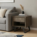 Gray Distressed Solid Wood and Iron Square Sled End Table with Drawer and Shelf