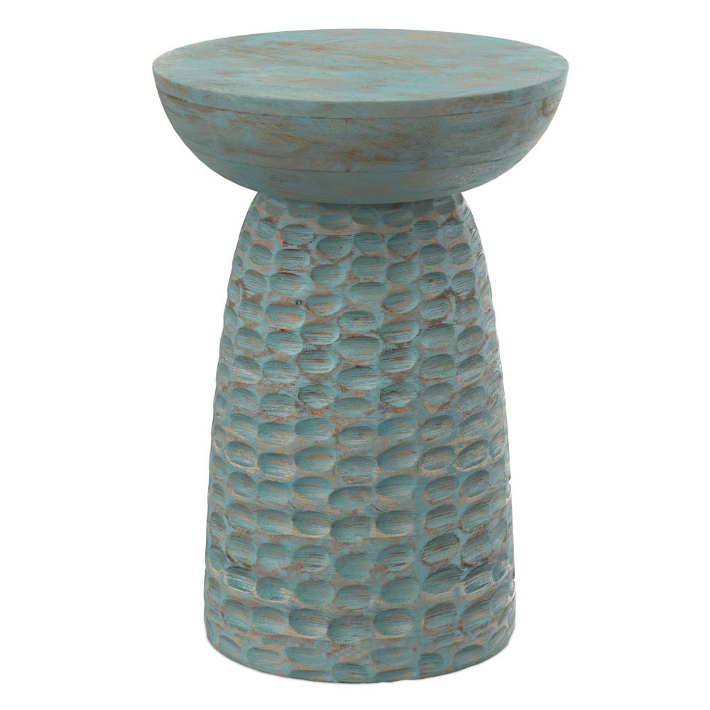 Teal Blue Solid Wood Round Drum End Table - 18-inch